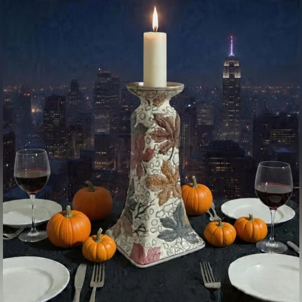 Vintage Hand Painted Fall Leaf Pattern Textured Candlestick Holder 1940